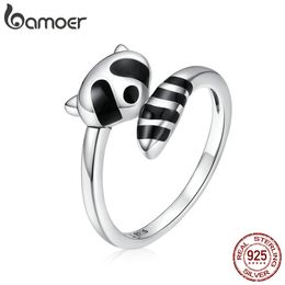 bamoer Authentic 925 Sterling Silver Black Enamel Raccoon Finger Rings for Women Adjustable Free Size Fine Jewellery SCR652