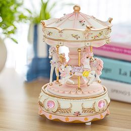 Decorative Objects Figurines Carousel Music Box Spring Button Blue Pink Purple Colorful Light Resin Creative Birthday Gift for Children and Girls 230719