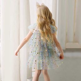 Girl's Dresses Ruffles Sequins Summer Dress for Girls Casual Tulle New in Dress Cake Layered Dress to 8 Years Baby Girl Clothes