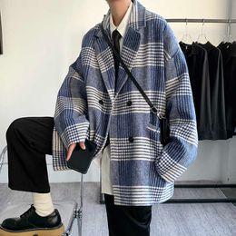 Men's Wool Blends YASUGUOJI Ins Men Winter Coat Men's Korean Fashion Thicken Loose Plaid Windbreaker Men's Chequered Wool Long Coat Men Overcoat HKD230718