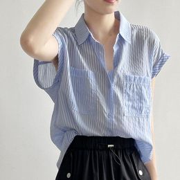 Women's Blouses 2023 Summer Blouse And Shirt Design Vertical Stripe Simple Polo Collar Sleeveless Korean Style Single Breasted 9092