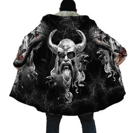 Men's Wool Blends Winter Fashion Mens cloak Norse Odin Raven Tattoo 3D Printed Thick Fleece Hooded Coat Unisex Casual Warm Cape coat DP23 HKD230718