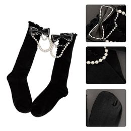 Women Socks 1 Pair Bowknot Bead Stockings Japanese Knee Length For Girls Sweet The Calf Drop