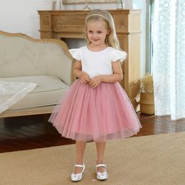 Summer Baby Girls Dress 1 2 3 4 5 Years Birthday Dress Ruffles Sleeve Solid Pearl Princess Infant Baby Girls Dress Tutu skirts