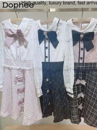 Casual Dresses Sweet Japanese Lolita Bow Lace Women Autumn Winter Doll Collar Long Sleeve Color Matching Plaid Preppy Style Student Dress