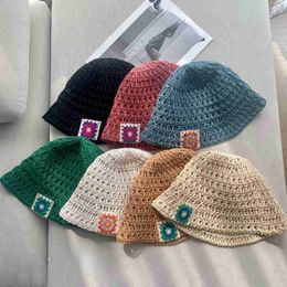 Beanie/Skull Caps 2023 Japanese Summer New Korea Flower Hollow Crochet Straw Sun Bucket Cap Straw Hat Gentle Fresh Knitted Straw Bucket Hat J230719