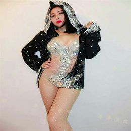 DS elbise seksi rhinestone leotard siyah ceket kadınlar gece kulübü dans giyim bodysuit dış giyim balosuna kutlama kıyafet performans dres288v