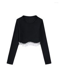 Women's Sweaters YLJHQX 2023 Spring Women Fashion Jewelry Embellished Solid Color Knitted Sweater Versatile Long Sleeve O Neck Short