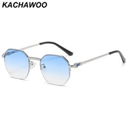 Sunglasses Kachawoo half frame round sunglasses octagon blue brown metal sun glasses polygon female male travel European style drop ship 230718