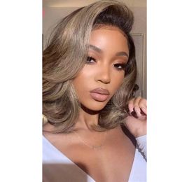 Anthony cuts short wavy bob ash blonde Lace Front Wigs wear and go glueless side part Lace Frontal Wigs Dark Roots Coloured Wig Body Wave Human Hair Wig For Woman