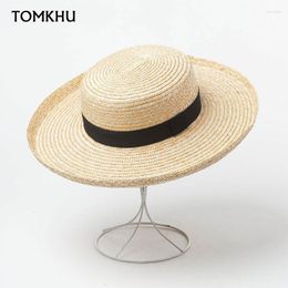 Wide Brim Hats TOMKHU Women Elegant Roll Up Summer Straw Hat Outdoor Sun For Ladies Black Band Fedora Beach Boater