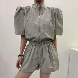 Women's Tracksuits TPJB Women Stand Neck Solid Bubble Sleeve Coat High Waist Lace Up Wide Leg Shorts Korean Two-piece Suits Summer Tide