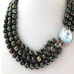 3 Strands Black Peacock Round Pearl Necklace Mabe Blister Pearl Clasp299y