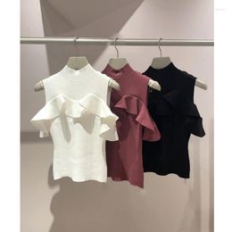 Women's Sweaters WAKUTA 2023 Spring Summer Ruffled Sweet Solid Color Slim Stretch Jumper Japan Half High Collar Off Shoulder Pullover
