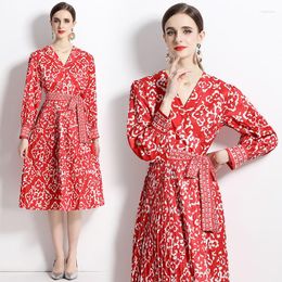 Casual Dresses Elegant Chinese Red Color Long Sleeve Women Spring Summer Trendy V-neck Big Swing Ruched Tunic Floral Leisure Vestidos