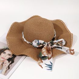Wide Brim Hats Summer Women Weaving Straw Hat Lace Crochet Big-brimmed Bowknot Women's Casual Simple Foldable Sun