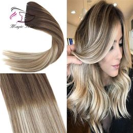Clip in Hair Extension Human Hair Ombre #4 Dark Brown Mix #6 Medium Brown Fading to #22 Medium Blonde Full Head 7pcs 120g309U