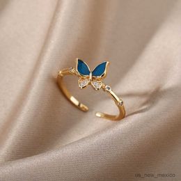 Band Rings Butterfly Bamboo Rings For Women Open Adjustable Stainless Steel Gold Colour Finger Ring Trend Couple Jewellery mujer R230719