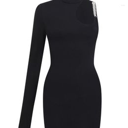 Casual Dresses Sexy Black High-neck Hollow Out One-shoulder 2023 Long-sleeve Bodycon Bandage Dress Elegant Celebrity Club Party