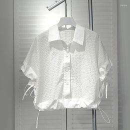 Women's Blouses 2023 Blusas Mujer De Moda Summer Blouse For Women Turndown Collar Short Sleeve White Shirts Drawstring Korean Chic Ladies