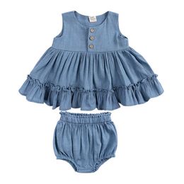 Girl's Dresses Summer Toddler Girls Cotton Linen Dress Shirt+ Shorts Sets Suits Outfits