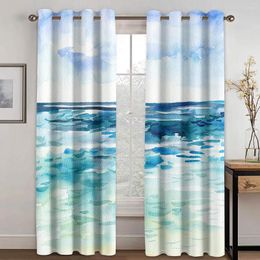 Curtain Watercolor Painting Natural Scenery Sea Water Blue Two Thin Window Curtains For Living Room Bedroom Decor 2 Pieces