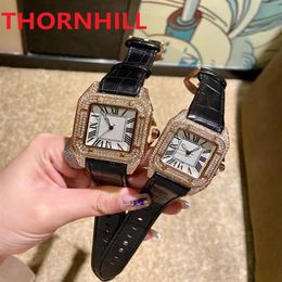 High Quality Men Women Square Roman Dial Watch Shinning Diamonds Ring Full Iced Out Watches Leather Brown Black Red Quartz Movemen343j