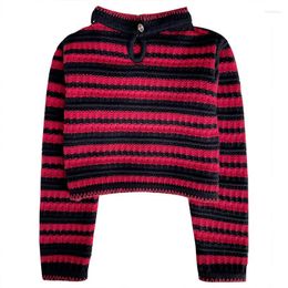 Women's Sweaters Autumn Retro Red Black Color Matching Striped Slim-fit Short Section Long-sleeved Knitted Sweater