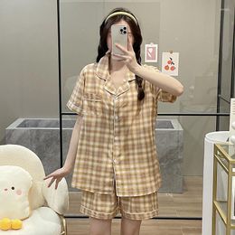 Women's Sleepwear Pure Cotton Cute Grid Girls Pyjamas Set Korean Summer Short Sleeve Women Nightwear Homewear Suit Loungewear