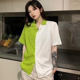 Women's Blouses Lady Folds Single Breasted Short Sleeve Shirt Harajuku Women Contrast Color Shirts 2023 Summer Street Casual Green Black Top