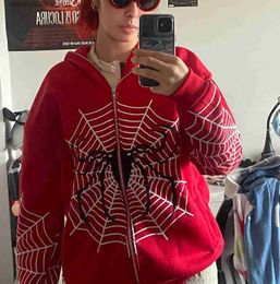 Men's Hoodies Sweatshirts 2023 Women Streetwear Hoodies Spider Web Red Zip Up Hoodies Grunge Oversized Sweatshirt Gothic Harajuku Men Jackets Y2k Clothes T230719