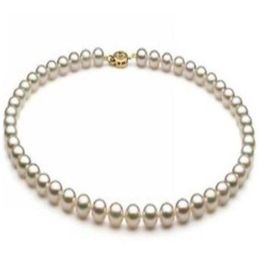 Charming natural 8-9mm white AKoya pearl necklace 18inch 14k gold clasp261i