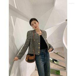 Women's Jackets EWSFV 2023 Autumn Arrive Women All-Matching O-neck Full Sleeve Short Coat French Socialite Style Tweed Metal Buckle Jacket