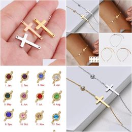 Charm Bracelets Birthstone Cross Bracelet Minimalist For Women Dainty Religiou Gift Her 18K Gold Plated Holy Communion Braceletschar Dhhes