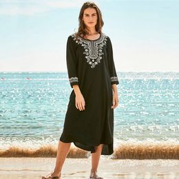 Women's Swimwear Plus Size Black Blue Kaftan Beach Dress For Women Embroidered Bikini Cover Up Short Sleeve Casual Resort Wear African Robe