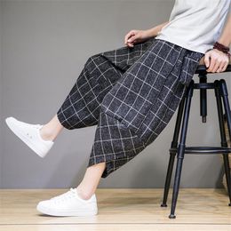 Men's Pants Summer Linen Men Plaid Calf-length Fashion Casual Loose Pant Male Harajuku Bottom Elastic Waist