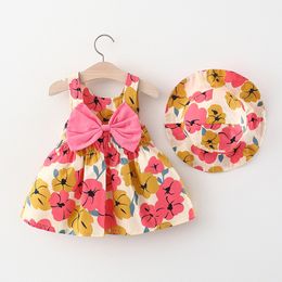 Summer Baby Girl Dress Flower Print Bow Princess Party Dress Hat Girl Outfits Children Clothes Set Toddler Infant Newborn Dress