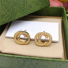 Luxury Stud Double Letter G Designer Brand ggity Earrings Vintage brass Crystal Stone Earring Women's Party Jewelry Gift Box 74345