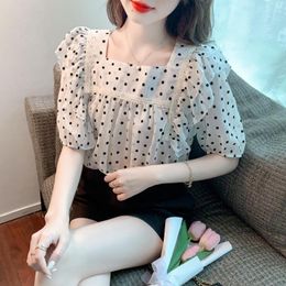 Women's Blouses Summer Square Collar Polka Dot Ruffled Chiffon Shirt Temperament Short Sleeved Sweet Beauty Tops