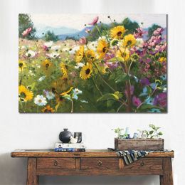 Abstract Flowers Canvas Art Cosmos and Sunflowers Handmade Landscape Painting Modern Music Room Decor