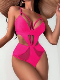 Women's Swimwear 2023 Cut Out Waist Contrast Mesh One Piece Swimsuit Summer Beach Bathing Suit For Women