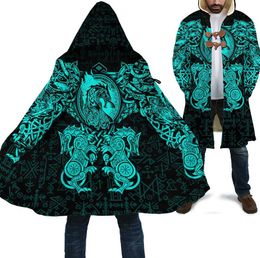 Men's Wool Blends Winter Mens Cloak Tattoo Dragon And Wolf Tattoo Cyan/Red 3D Printed Fleece Hooded Coat Unisex Casual Thick Warm Cape coat PF66 HKD230718