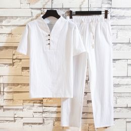 Mens Tracksuits Cotton Linen Short Sleeve TshirtAnkle Length Trouser Set Solid ShirtTrouser Family Size S3XL 230718