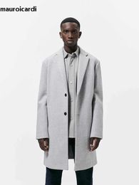 Men's Wool Blends Mauroicardi Autumn Winter Warm Soft Light Grey Woollen Coat Men with Back Slit Single Breasted Luxury Wool Blends Overcoat 2023 HKD230718