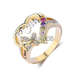 Band Rings Exquisite Hollow Love Heart Rings For Mom Colourful Crystal Rhinestone Butterfly Ring Mother's Day Gift Jewellery J230719