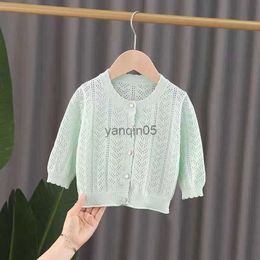 Pullover Spring Autumn Cute Lace Coat Girl Knitted Cardigan Summer Thin Hollow Out Knit Shirt Baby Girl Shawl Coat Air-Conditioning Shirt HKD230719