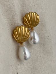 Stud Frosted Shell Pearl Pendant Earrings Womens French Style Vintage Jewelry Gift 230719