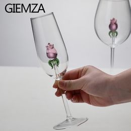 Wine Glasses GIEMZA Rose Glasses for Champagne Wedding Drinking Glasses Goblet Glass Copones Handmade Flower Calici Vino with Engraving 230718