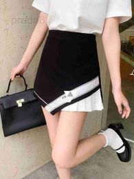 Skirts designer high waisted irregular Colour matching pleated women's A-line short skirt for work, black suit half slimming and leg length Z34T