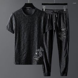 Men's Tracksuits Ice Silk Suit Chinese Style Embroidery Plum Blossom Leisure Sports Two-piece Trousers Social People Mature Wind Summer